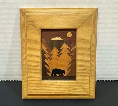 Miniature 3D Textured Hand Carved Wooden Bear In The Forest Scene Picture 