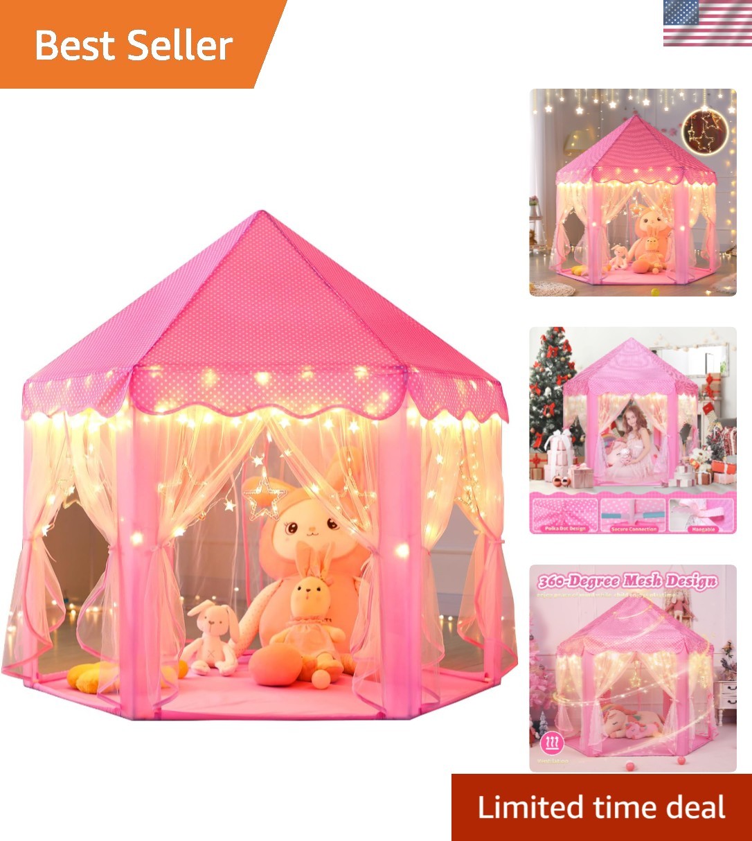 Princess Castle Play Tent for Girls - Large 55'' x 53'' Playhouse with Star L...
