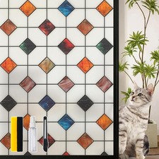 Stained Glass Window Film, Geometric Design, Day Night Privacy, Multicolor