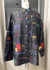 Vintage Chico  s Silk Blend Embroidered Art Jacket Button Front Size Large Boho