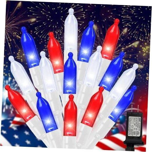 100 LED Red White and Blue Lights, 4th of July Decorations Red White Blue