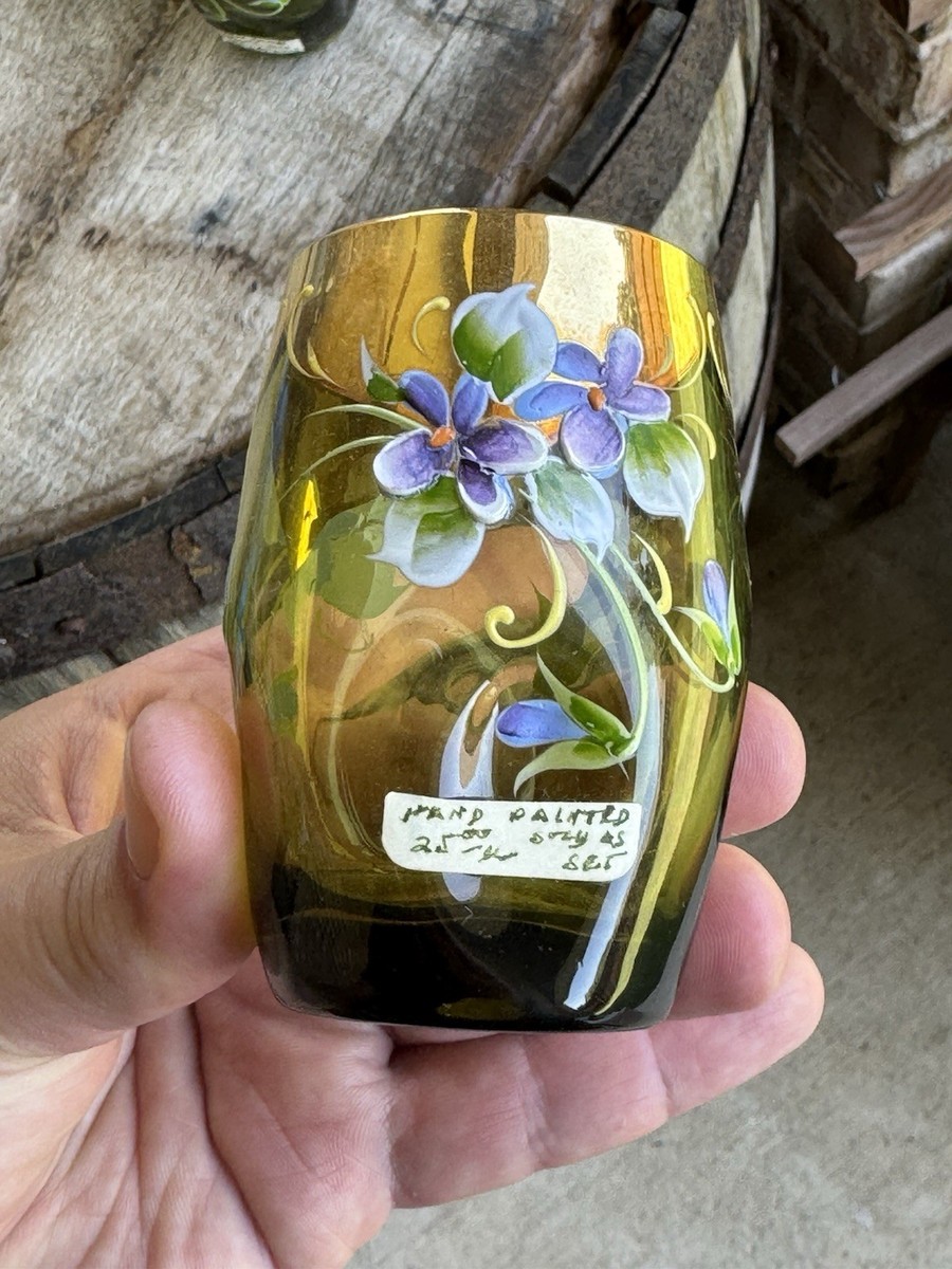 Antique Murano Glass Set of 6 Enamel Emerald Green Gold Painted