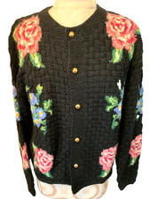 VTG LIZ WEAR Hand Knit Sweater 100 Wool Navy Blue Gold Button Cardigan Size S