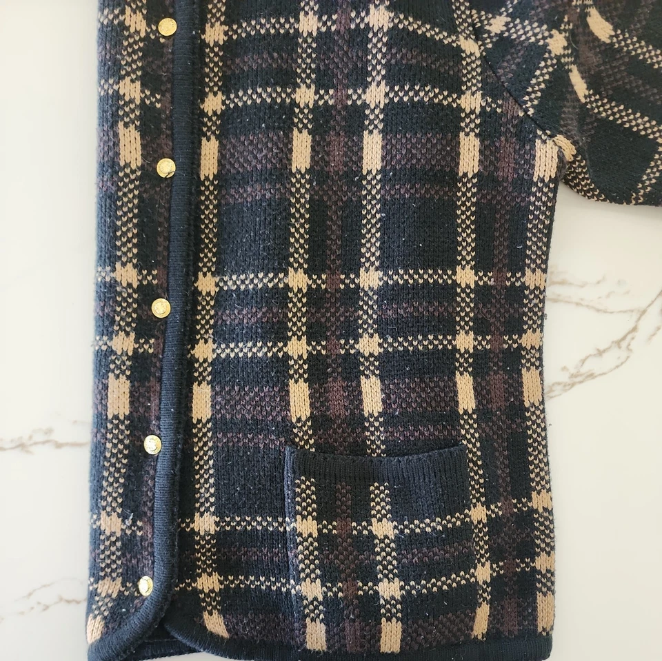 Cárdigan suéter vintage Liz Baker para mujer grande marrón a cuadros Preppy Academia años 90 Foto 3 de 4