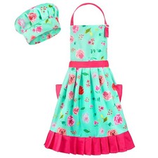 Ensemble chapeau tablier enfant pour fille vintage grand (8-12 ans) vert aqua floral