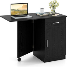 Folding Computer Desk with Storage Drawer  Cabinet, Compact Home Office Desk wi
