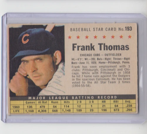 1961 Post Cereal #193 Frank Thomas   Chicago Cubs  Short Print  GORGEOUS SHAPE !