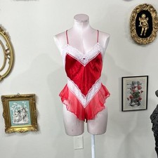 Vintage Fantasy Lingerie Red Satin and Lace Sheer Ruffle Teddy