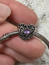 Pandora Retired Purple Birthstone Filigree Heart Charm S925 ALE Sterling Silver