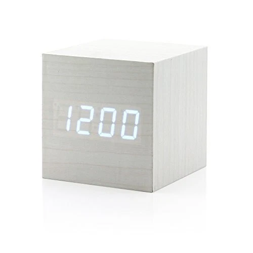 White Wooden Digital Alarm Clock LED Small Square USB Charger Bedroom Office - Image 2 of 3