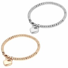 Women Girls Stainless Steel Polished Tiny Heart Charm Beaded Chain Bracelet 7.7"