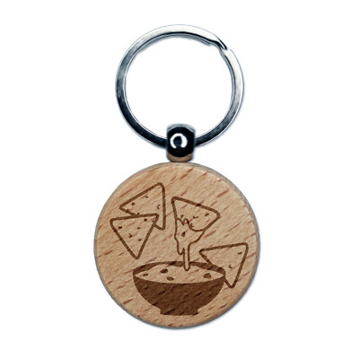 Tortilla Chips and Dip Salsa Cheese Guacamole Engraved Wood Round Keychain