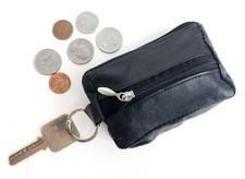 Black Leather Men's Small Zip Coin Purse Front Pocket Keychain Change Holder