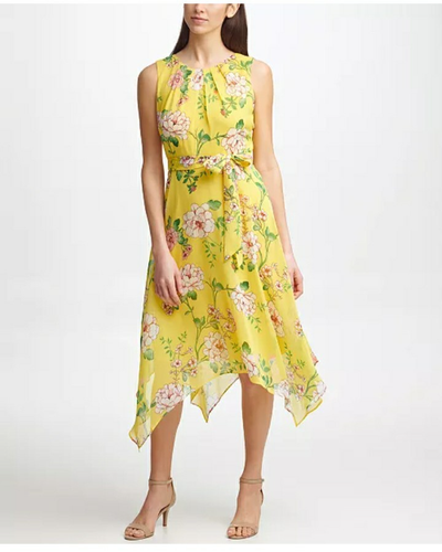 Kleid Jessica Howard Größe 20 W gelb Blumenmuster Taschentuchsaum ärmellos Midi B50