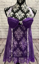 Fredericks of Hollywood Purple Meshed Floral Lace Satin Straps Chemise Nighty M