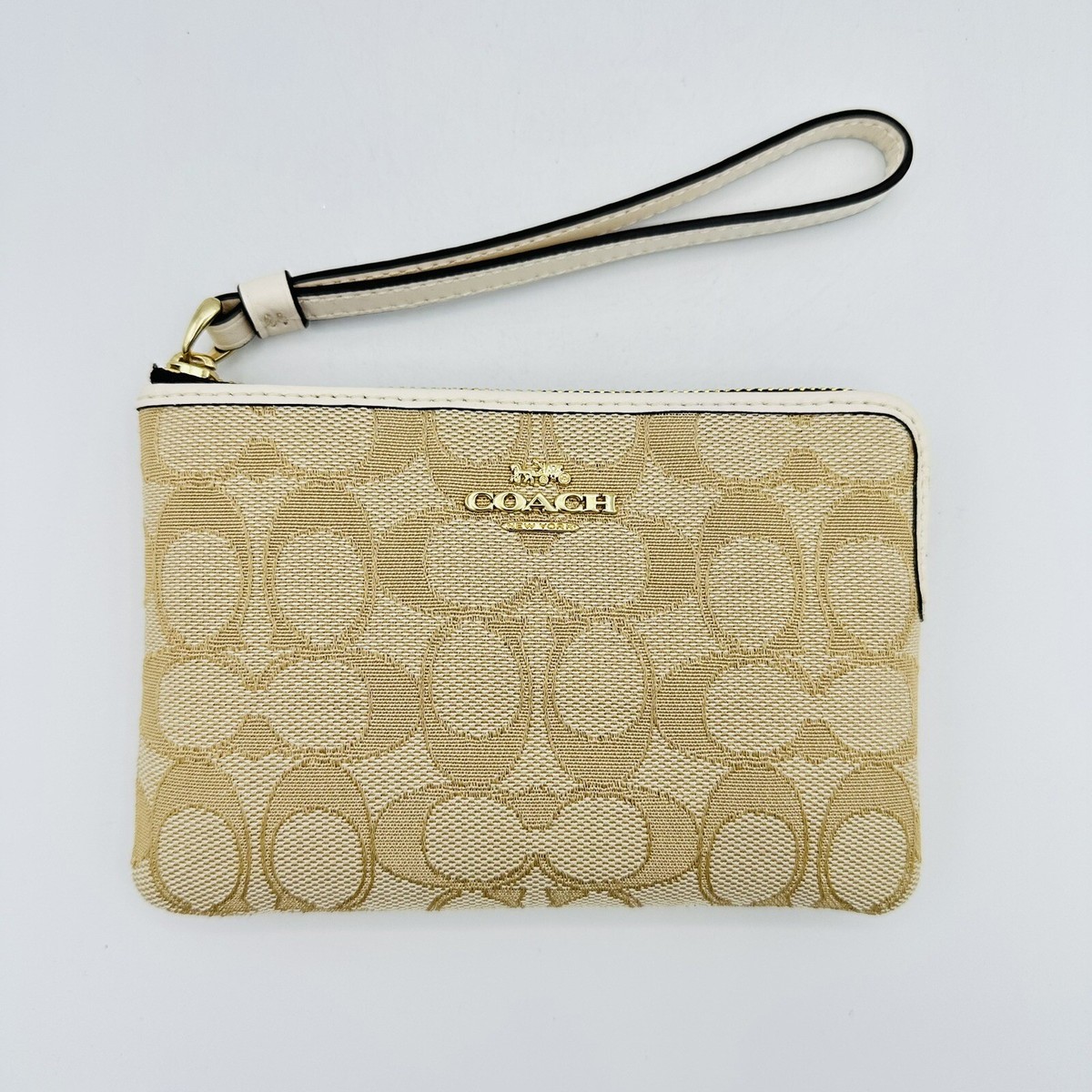 Coach Double Corner Zip Wristlet In Signature Canvas Beige Tan