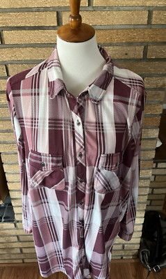 Como Vintage Maroon Plaid Button-Up Shirt Roll-Tab Sleeves 2X (44 bust. 30 long)