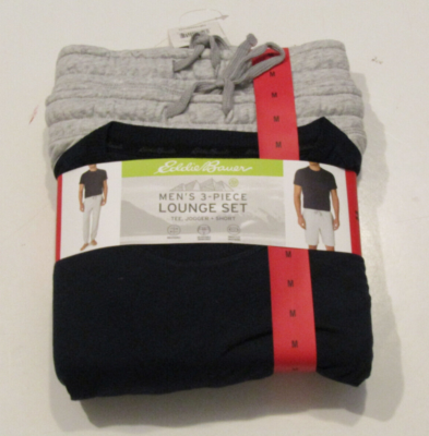 Eddie Bauer Mens Lounge Set 3 piece Lt Gray Blue Tee Shirt Jogger