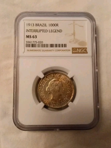 1913 Brazil 1000 Reis Interrupted Legend NGC MS63, Toned