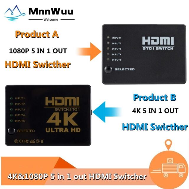 4K HDMI Switch Splitter 5 Port Selector Switcher Hub IR Remote HDTV 5 In 1 Out