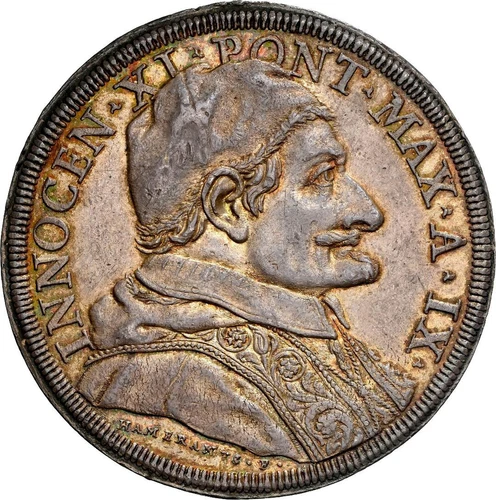 Papal State 1684 Piastra Innocent XI Anno IX NGC AU58 Stunning Golden Toning !!