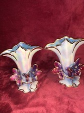 Vintage two 1940s Goldra E. Palestine Blue, Purple Gold Trim Fan Shaped Vases