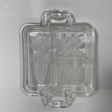 Etched Clear Glass Divided Handled Serving Dish Olive Celery Pickle Relish Plate