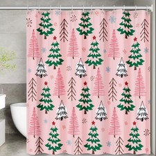 Christmas Shower Curtain Set: Pink Cute Xmas Trees Snowflake Bathroom Shower ...