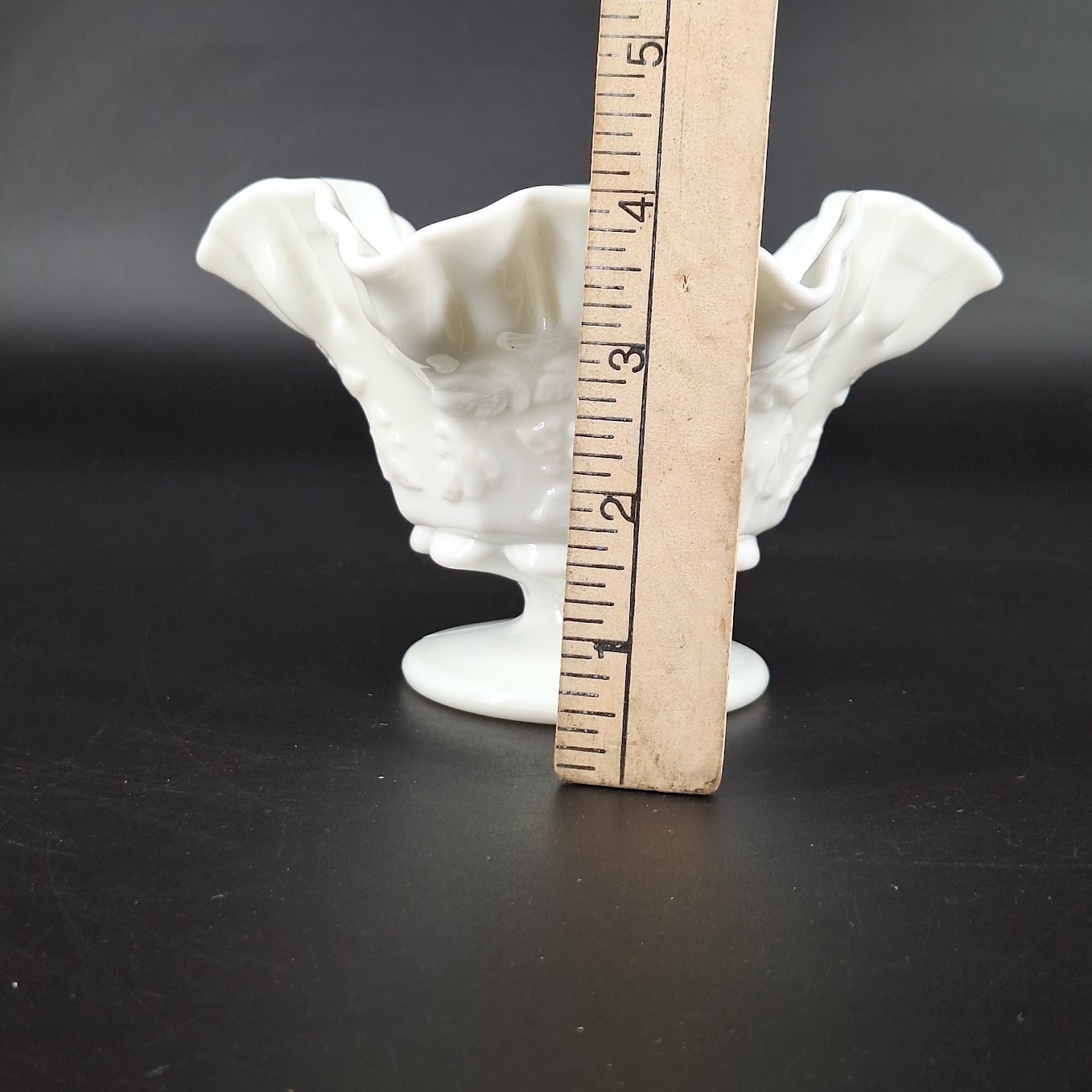 Westmoreland Grape Pattern Milk Glass Crimped Ruffled Compote Dish Vase Vintage