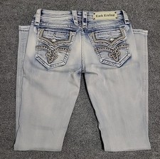 Rock Revival Jeans Womens 29x34 Raven Skinny Straight Thick Stitch Rhinestones