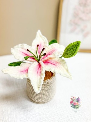 Mini Crochet White Lily in Pot Handmade, Elegant Floral Decor Gift for Friend
