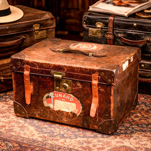 Distressed Timeworn Antique English Luggage Suitcase Cunard Label