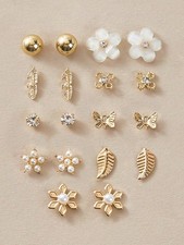 9-Pair Multicolor Gold Tone Pearl Flower Butterfly Leaf Earring Set