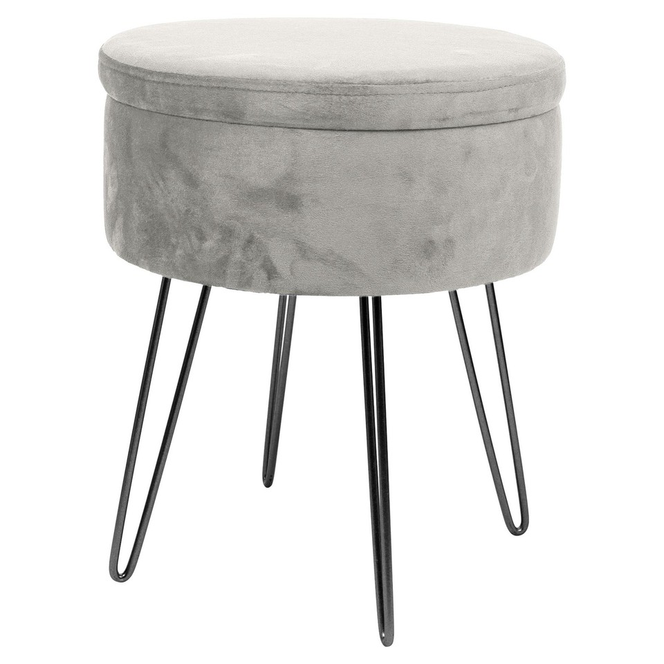 1x Gris/Noir H45 x D36cm Rond Repose-Pieds de Rangement en Velours Ottoman Siège