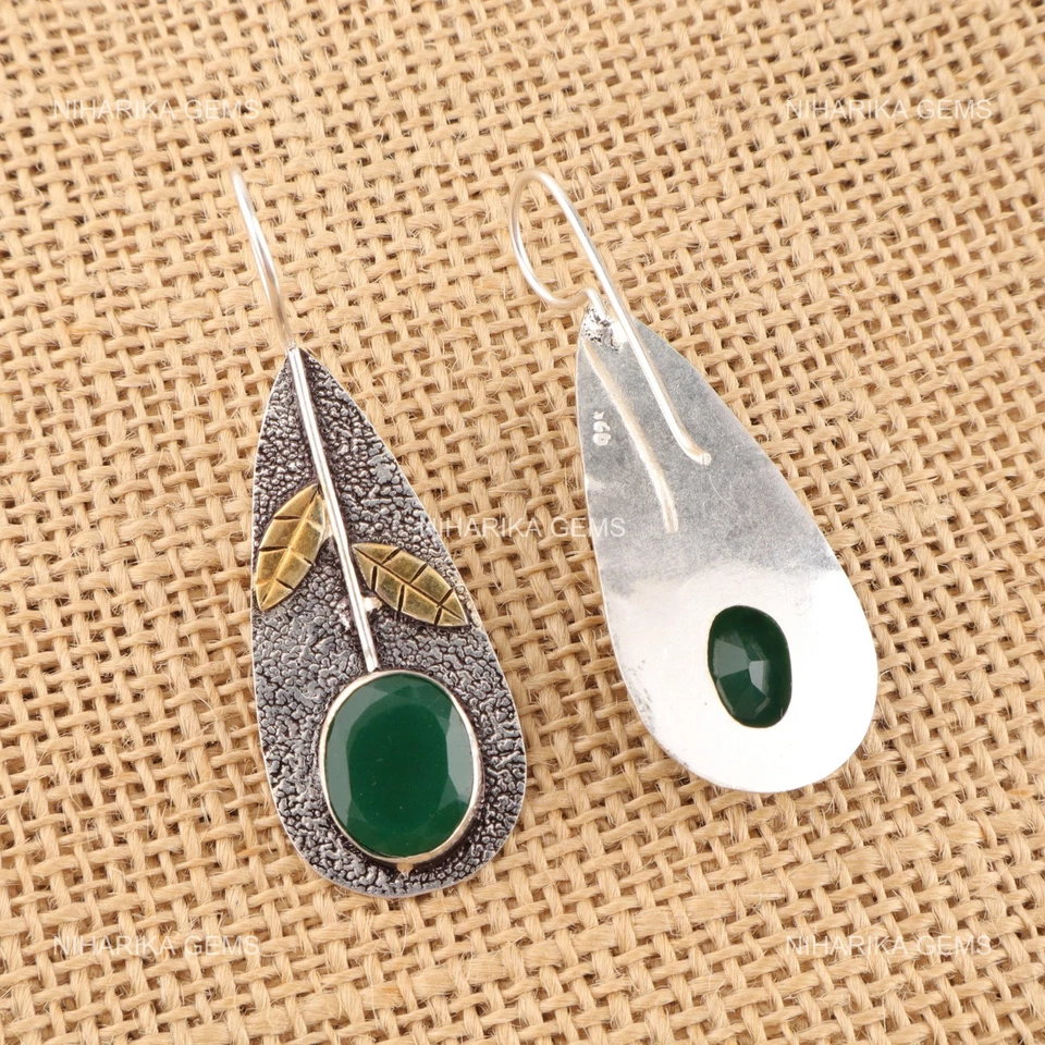 Argento Sterling Verde Naturale Onice Fatto a Mano Pendente Wife Orecchini Gioie - Immagine 3 di 4
