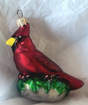 Vintage RADKO RED CARDINAL WITH HOLLY GLASS ORNAMENT 4'' EVC