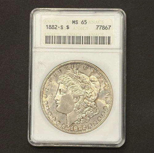 1882-S Morgan Silver Dollar — ANACS MS65 Toned 🌈 Vintage Soapbox Holder 🔥