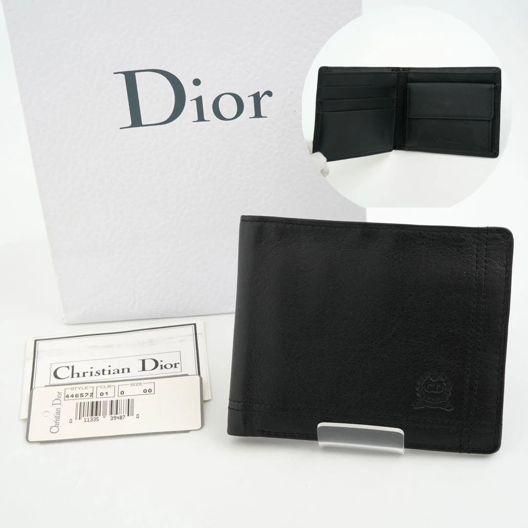 Portefeuille Nearly Dior bi pli logo en relief gravé cuir noir