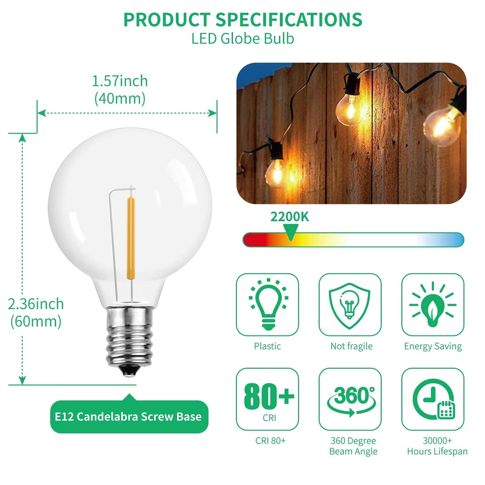 G40 1.57 Inch Led Replacement Light Bulbs, E12 Screw Base Shatterproof LED Sm... - Image 2 of 4