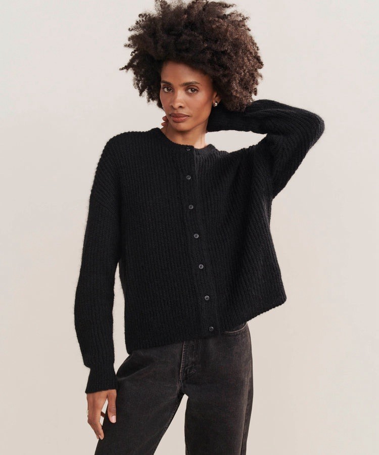 Jenni Kayne ‘Hayes Crewneck Cardigan Sweater’ in Black Alpaca Wool Size XS $325 