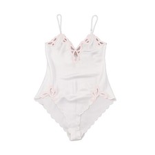Vintage Natori White Silkie Teddy Chemise Lingerie Pink Applique Womens S EUC