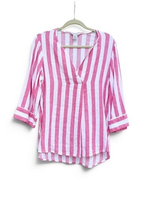 Tommy Bahama Pink and White Striped Linen Blend V-Neck Top Size S/P