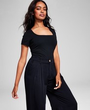 And Now This Square-Neck Short-Sleeve Double-Layered Bodysuit, Black, sz S