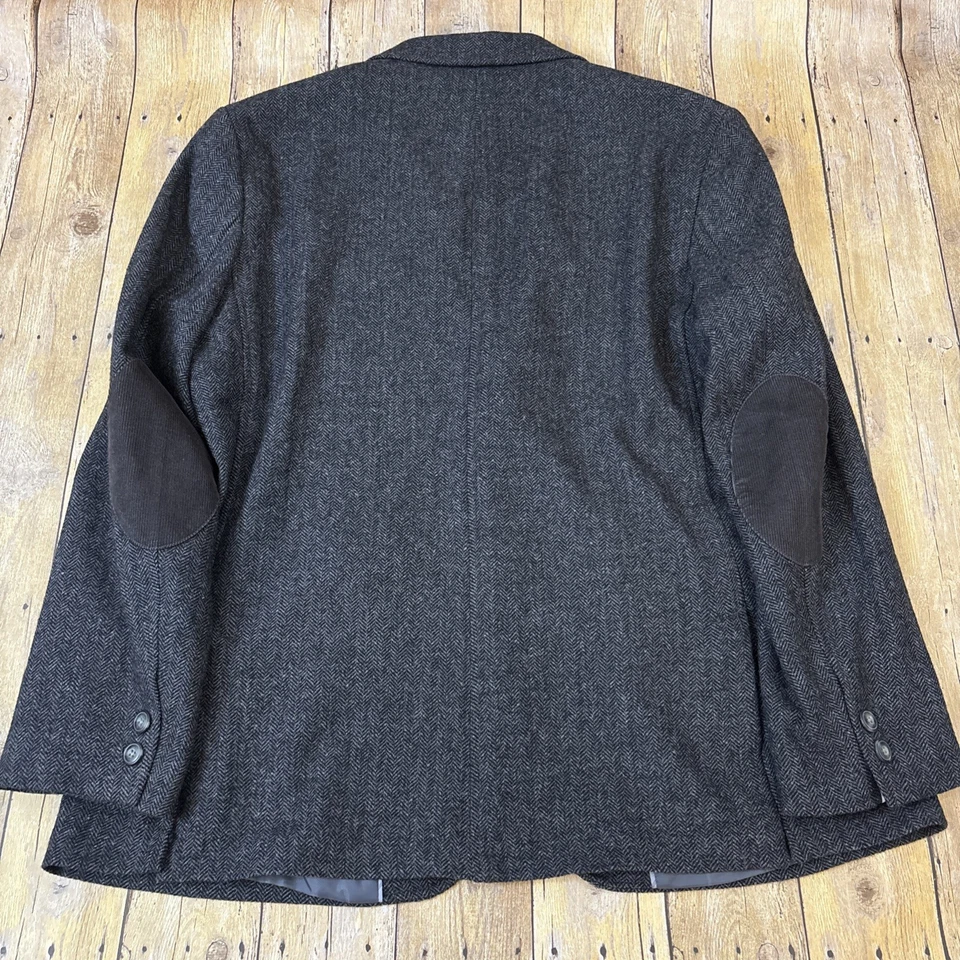 Black Brown 1826 Blazer Unstructured Herringbone Tweed Elbow Patches Mens XL - Image 3 of 4