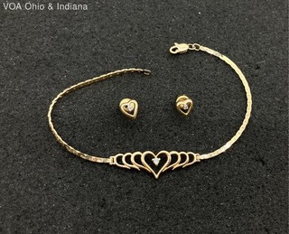 14K Yellow Gold Diamond Accent Heart Jewelry Set Bracelet Earrings 7.25" 4.1g