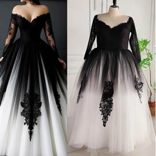 Gothic Black and White Wedding Dresses Long Sleeves Lace Appliques Bridal Gowns