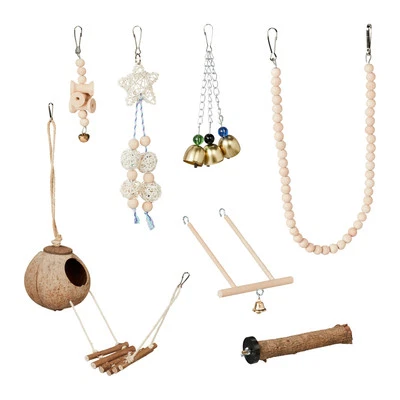 RELAXDAYS Vogelspielzeug Vogelkäfig Zubehör Nymphensittich Spielzeug 7 Teile Naturmaterial