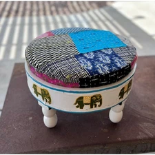 Handmade Indian Pouffe, Wood Ottoman, Boho Footstool Seat, Embroidered Cushion