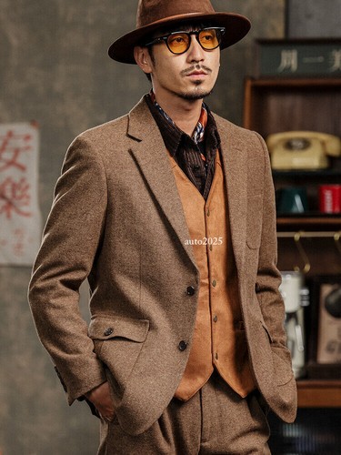 Mens Retro British Wool Suit Jacket Casual Hunting Jacket Lapel Collar Button - Picture 21 of 25