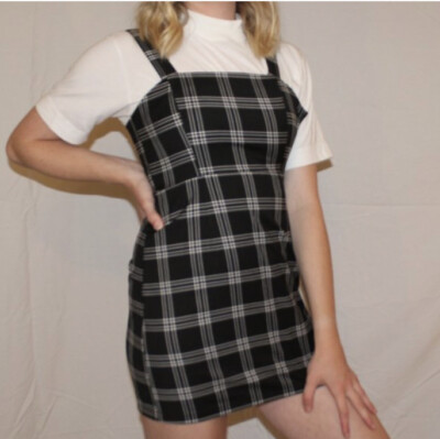 H&M Black and Gray Checkered Divided Brand Mini Dress NWT Size Medium Wide Strap